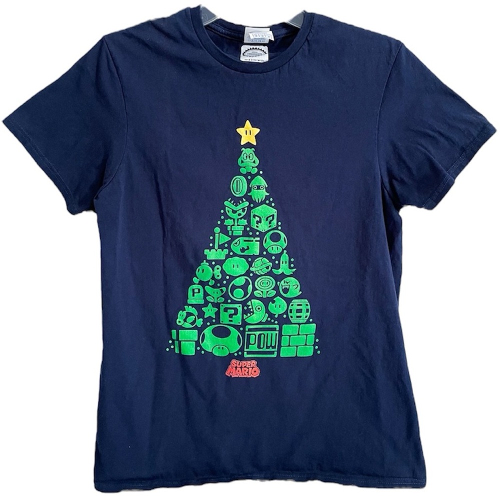 Super Mario Nintendo Items Christmas Tree Tee Navy Blue Green Size Medium Unisex